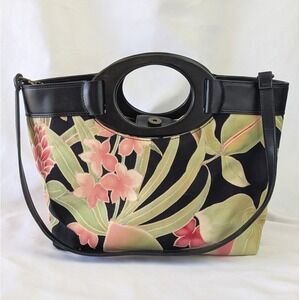 Vintage Fossil Tropical Floral Canvas Leather Handbag Wood Handle Black 73032